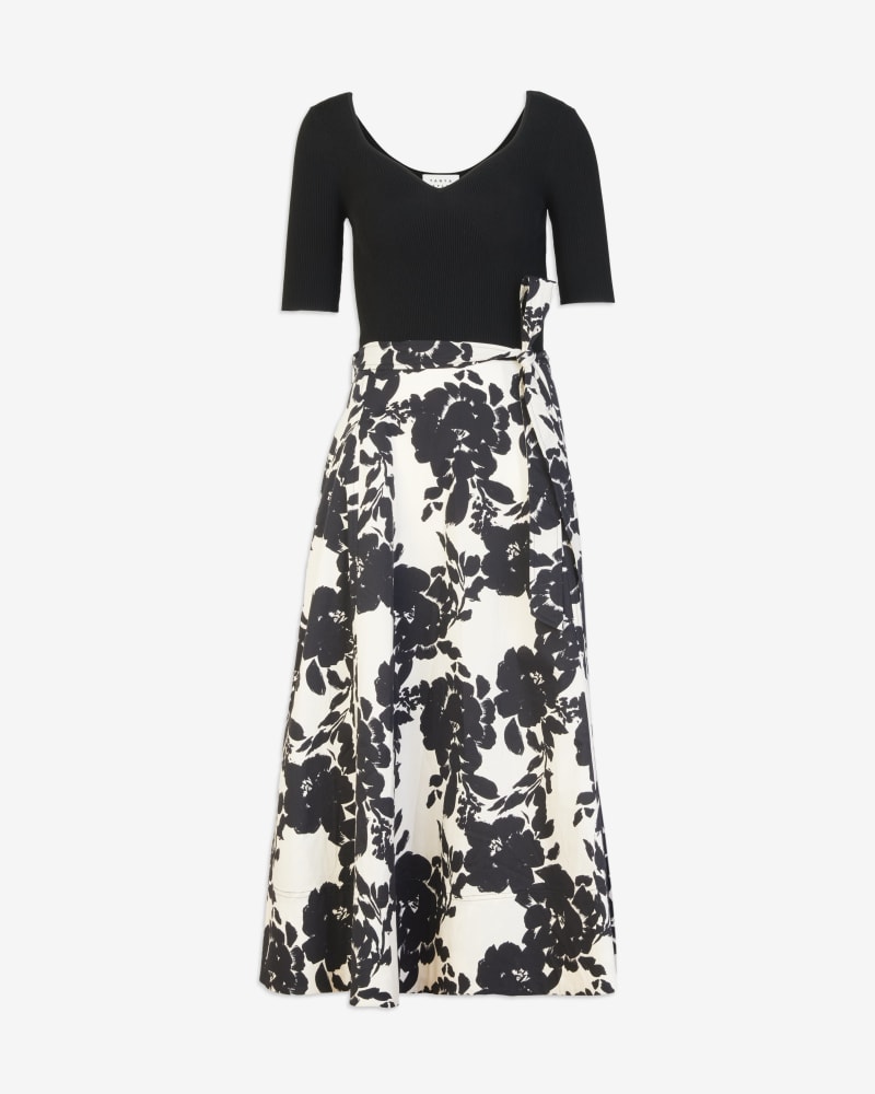 Front of a size XL Short Sleeve Josephina Dress in Cream/Black Multi Shadow Bloom Multi by Tanya Taylor. | dia_product_style_image_id:322388